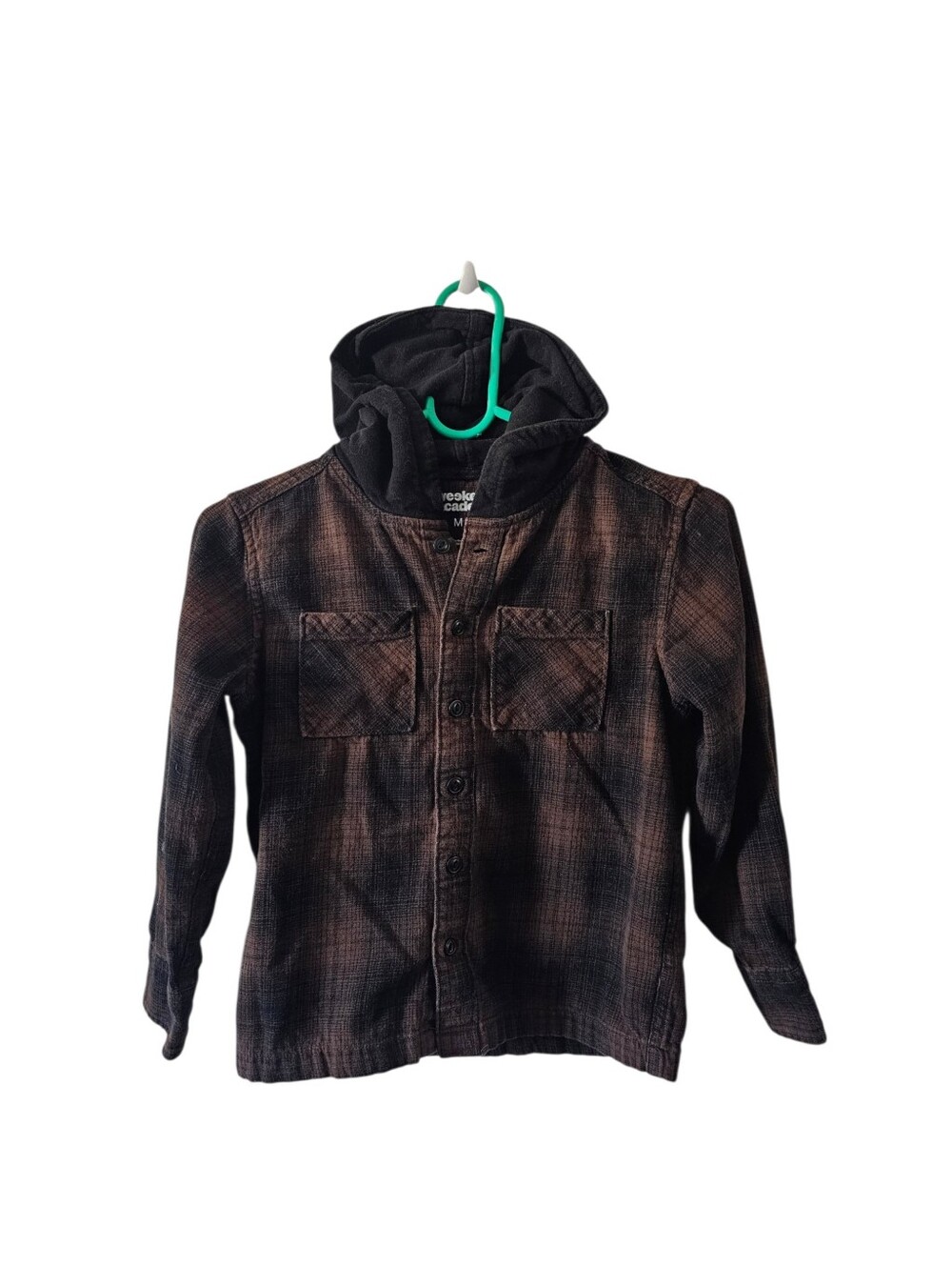 Weekend Academy Boys Hooded Flannel Shacket Brown Plaid Jacket Shirt Size M 8